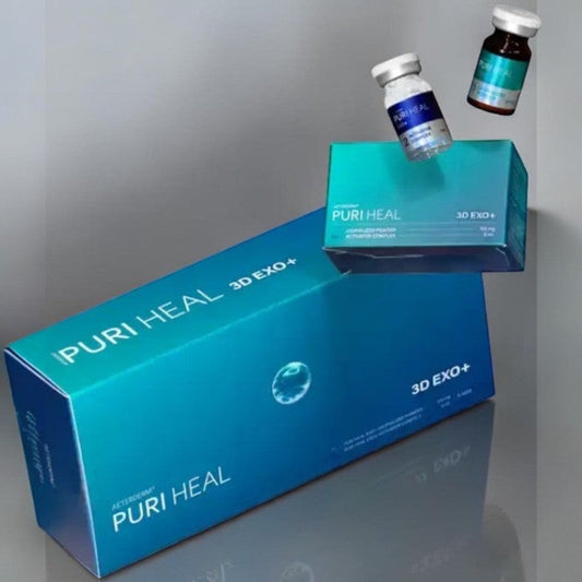 DIY Skincare Lab™ PURI Heal 3D EXO+ skin reset system featuring a blue box, product vials, and activator complex.