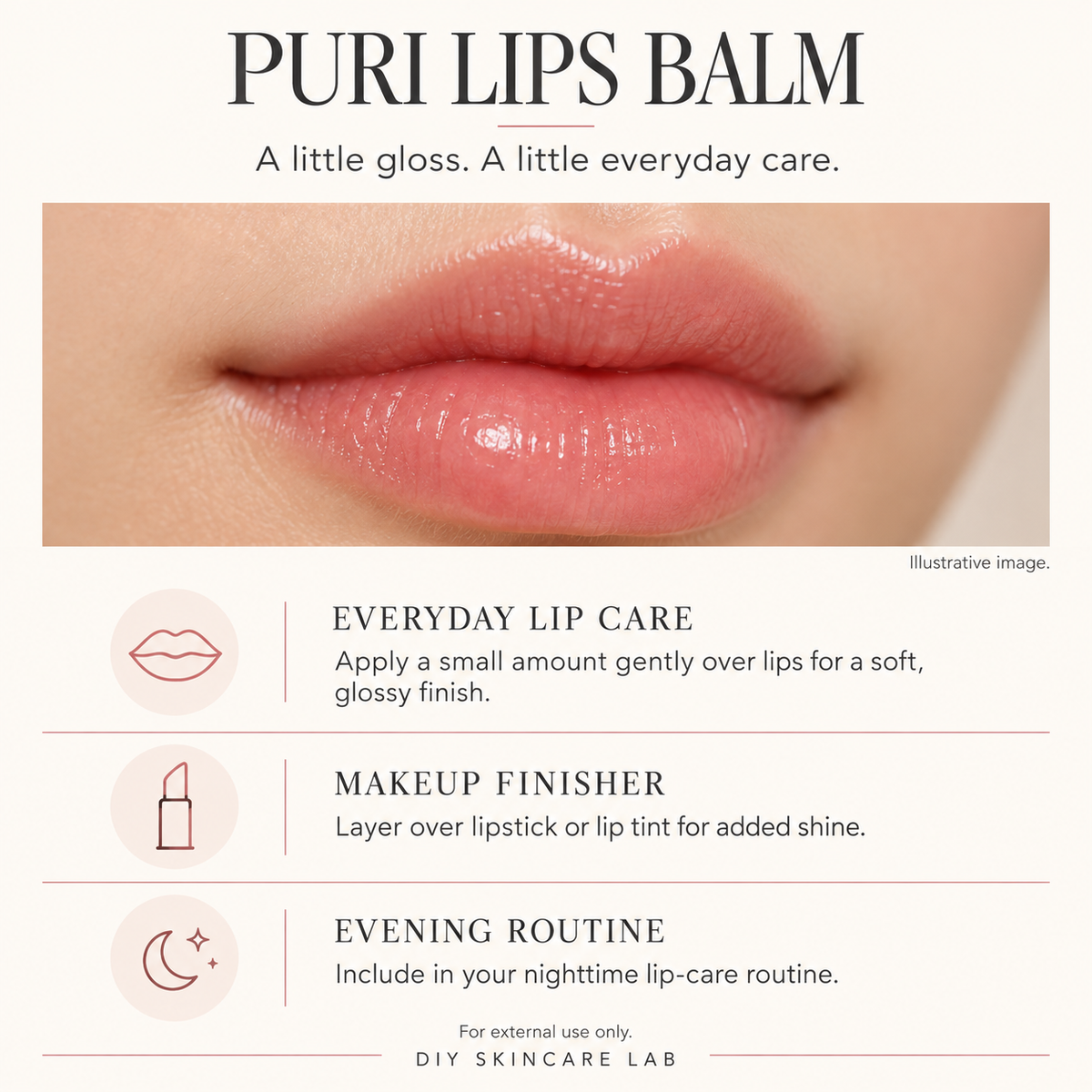 DIY Skincare Lab™ PURI Lips Balm applied on lips for a glossy, natural tinted finish and deep hydration.