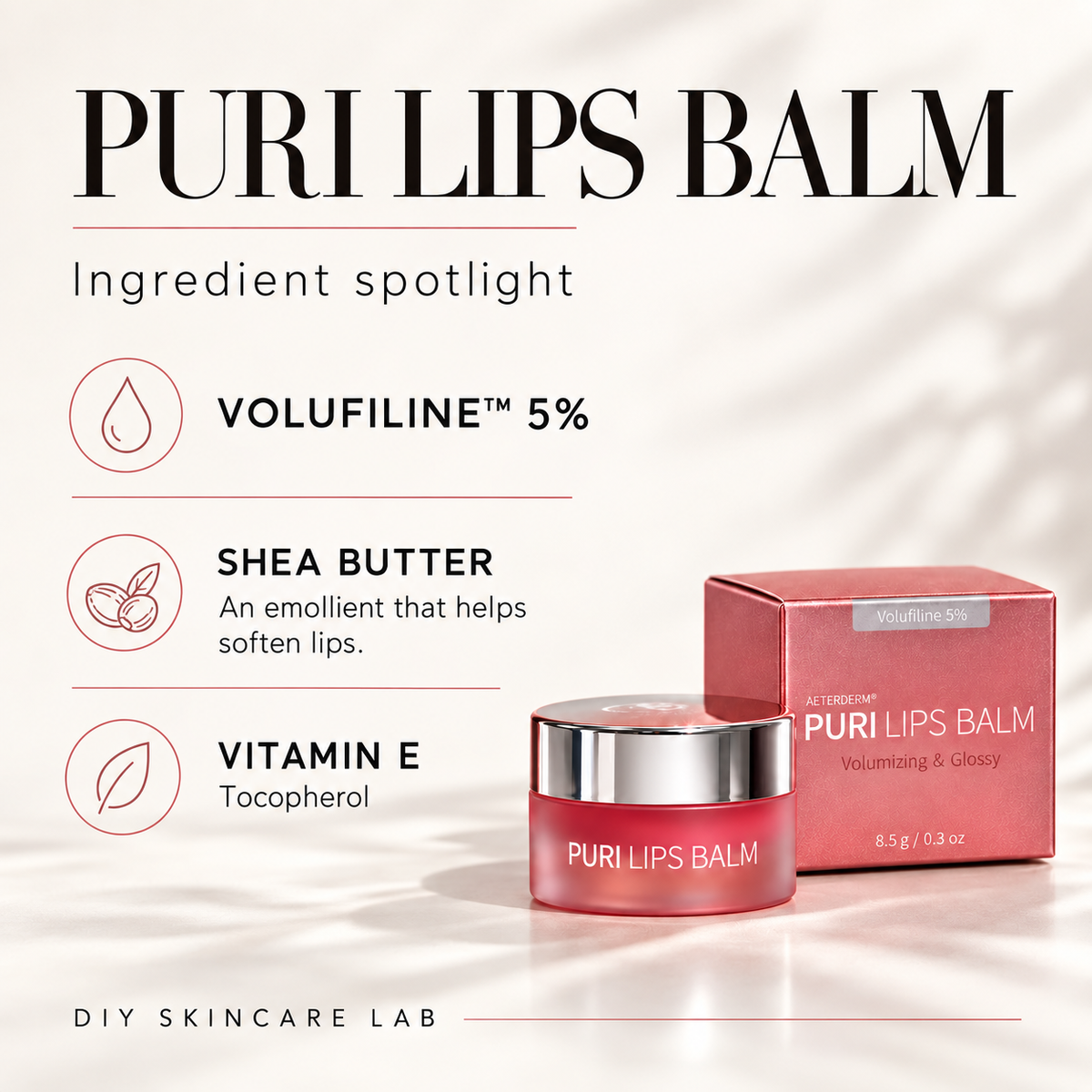 DIY Skincare Lab™ PURI Lips Balm with Volufiline and Shea Butter in a red jar and box with ingredient highlights.