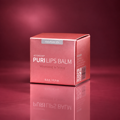 DIY Skincare Lab™ PURI Lips Balm box with 5% Volufiline for plumping, hydration, and a natural glossy tint.