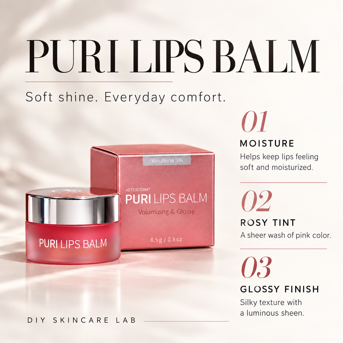 DIY Skincare Lab™ PURI Lips Balm with Volufiline in a pink jar and box, featuring moisture, rosy tint, and gloss.