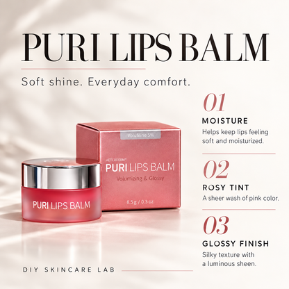 DIY Skincare Lab™ PURI Lips Balm with Volufiline in a pink jar and box, featuring moisture, rosy tint, and gloss.