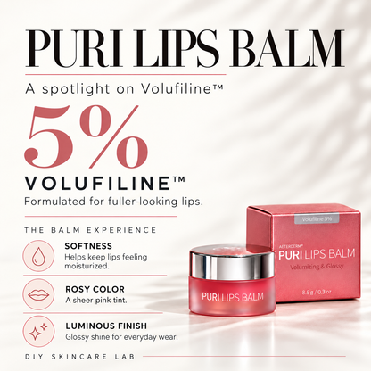 DIY Skincare Lab™ PURI Lips Balm with 5% Volufiline in a pink jar and box, featuring a glossy, tinted finish.