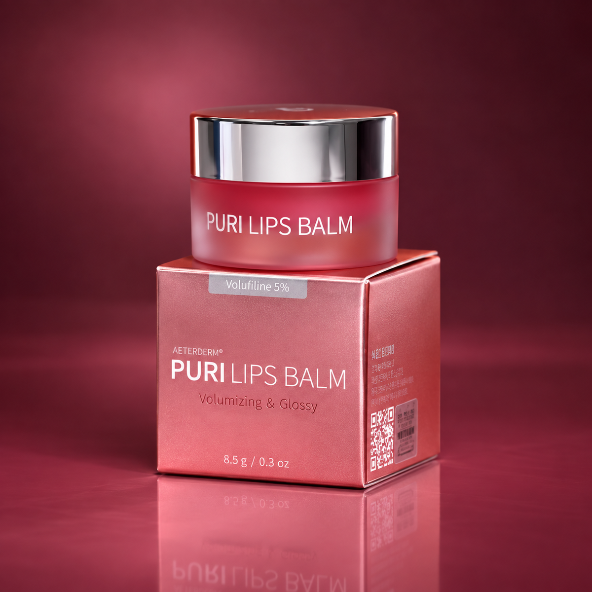 DIY Skincare Lab™ PURI Lips Balm jar and box in metallic pink packaging for volumizing and hydrating lip care.