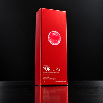 DIY Skincare Lab™ PURI Lips booster box in vibrant red with white text, featuring Vitamin B12 and Hyaluronic Acid.