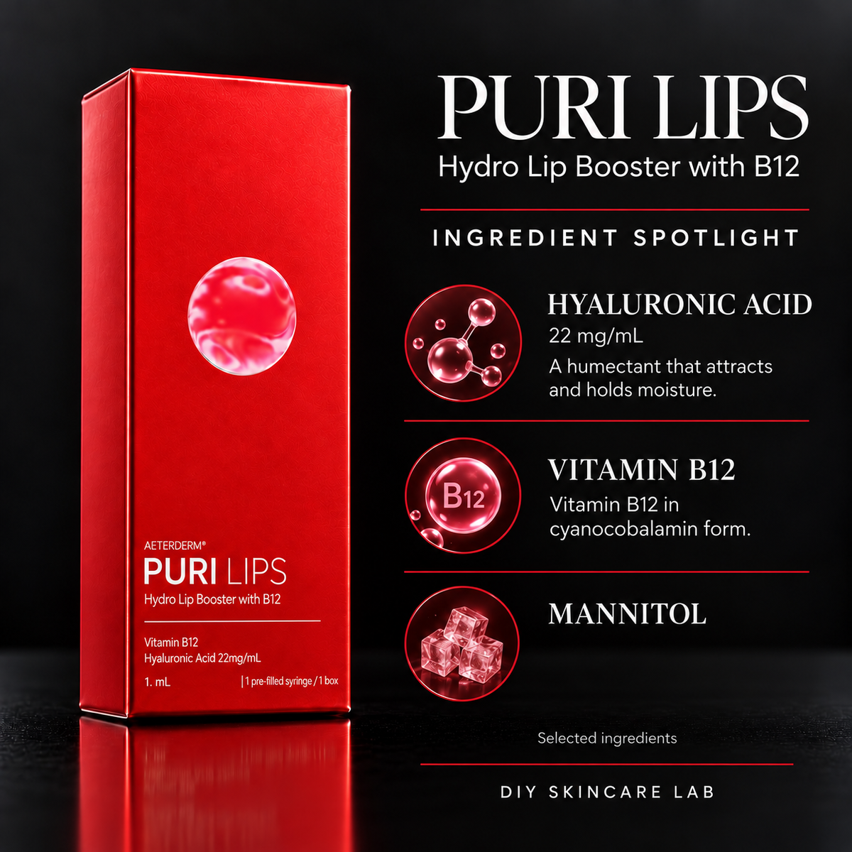 DIY Skincare Lab PURI Lips booster box with Hyaluronic Acid, Vitamin B12, and Mannitol ingredient highlights.