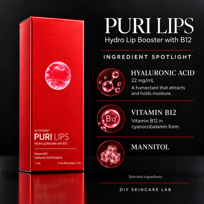 DIY Skincare Lab PURI Lips booster box with Hyaluronic Acid, Vitamin B12, and Mannitol ingredient highlights.