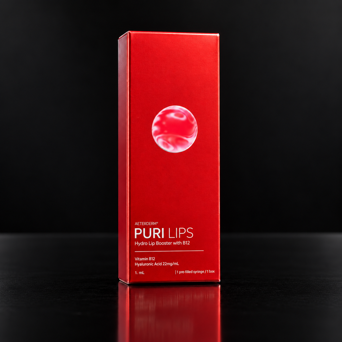 DIY Skincare Lab PURI Lips booster box in vibrant red with B12 and hyaluronic acid branding on a black surface