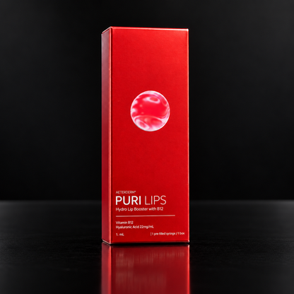 DIY Skincare Lab PURI Lips booster box in vibrant red with B12 and hyaluronic acid branding on a black surface
