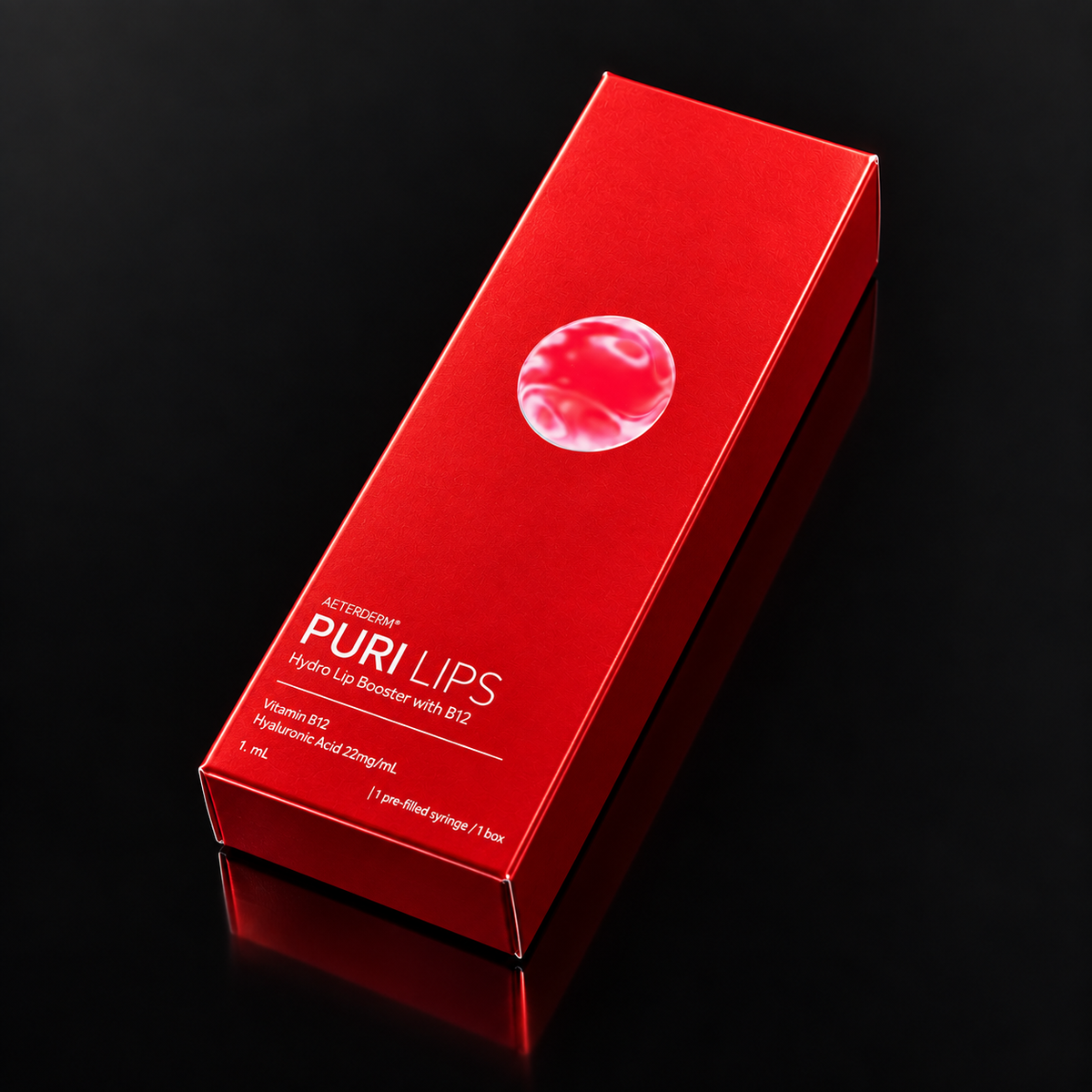 DIY Skincare Lab™ PURI Lips booster box with Hyaluronic Acid and Vitamin B12 in a vibrant red packaging.