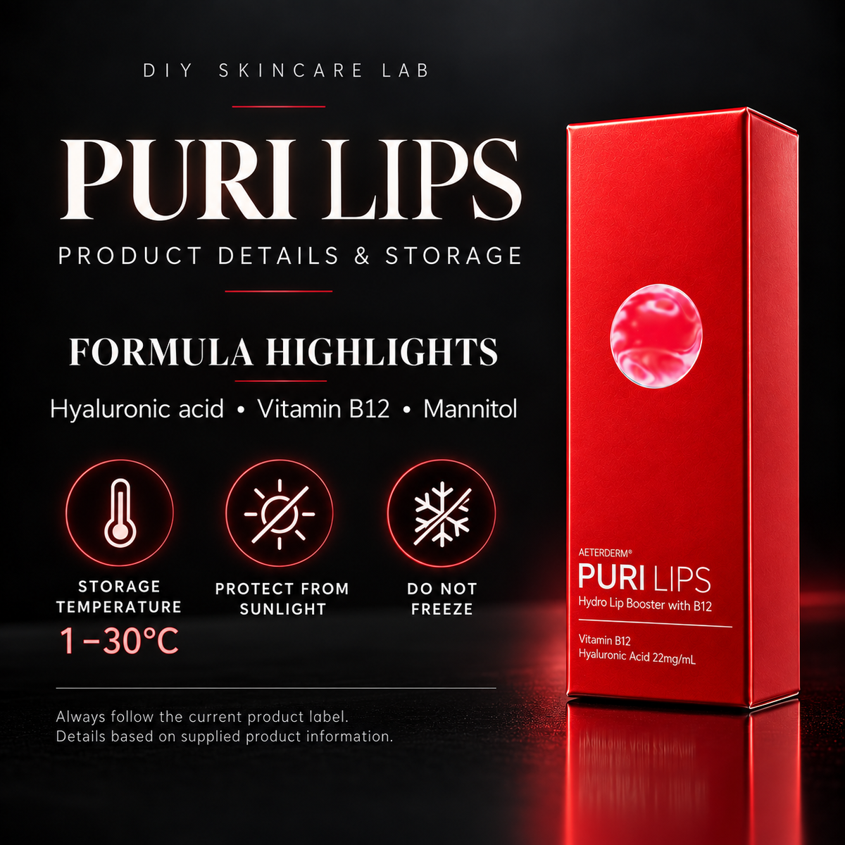 DIY Skincare Lab™ PURI Lips booster box with hyaluronic acid and vitamin B12, featuring storage and formula details.