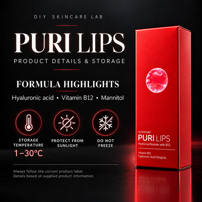 DIY Skincare Lab™ PURI Lips booster box with hyaluronic acid and vitamin B12, featuring storage and formula details.