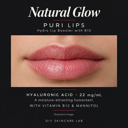 DIY Skincare Lab™ PURI Lips booster showing hydrated, smooth, and naturally glowing lips with a healthy pink tint.
