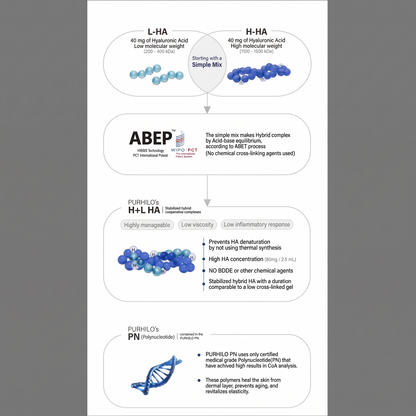 DIY Skincare Lab™ PURIHILO PN infographic showing ABEP hybrid technology, Hyaluronic Acid, and Polynucleotide benefits.
