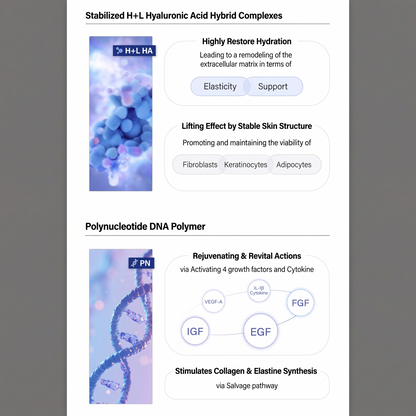 DIY Skincare Lab™ PURIHILO PN infographic showing Hyaluronic Acid and Polynucleotide skin rejuvenation benefits.