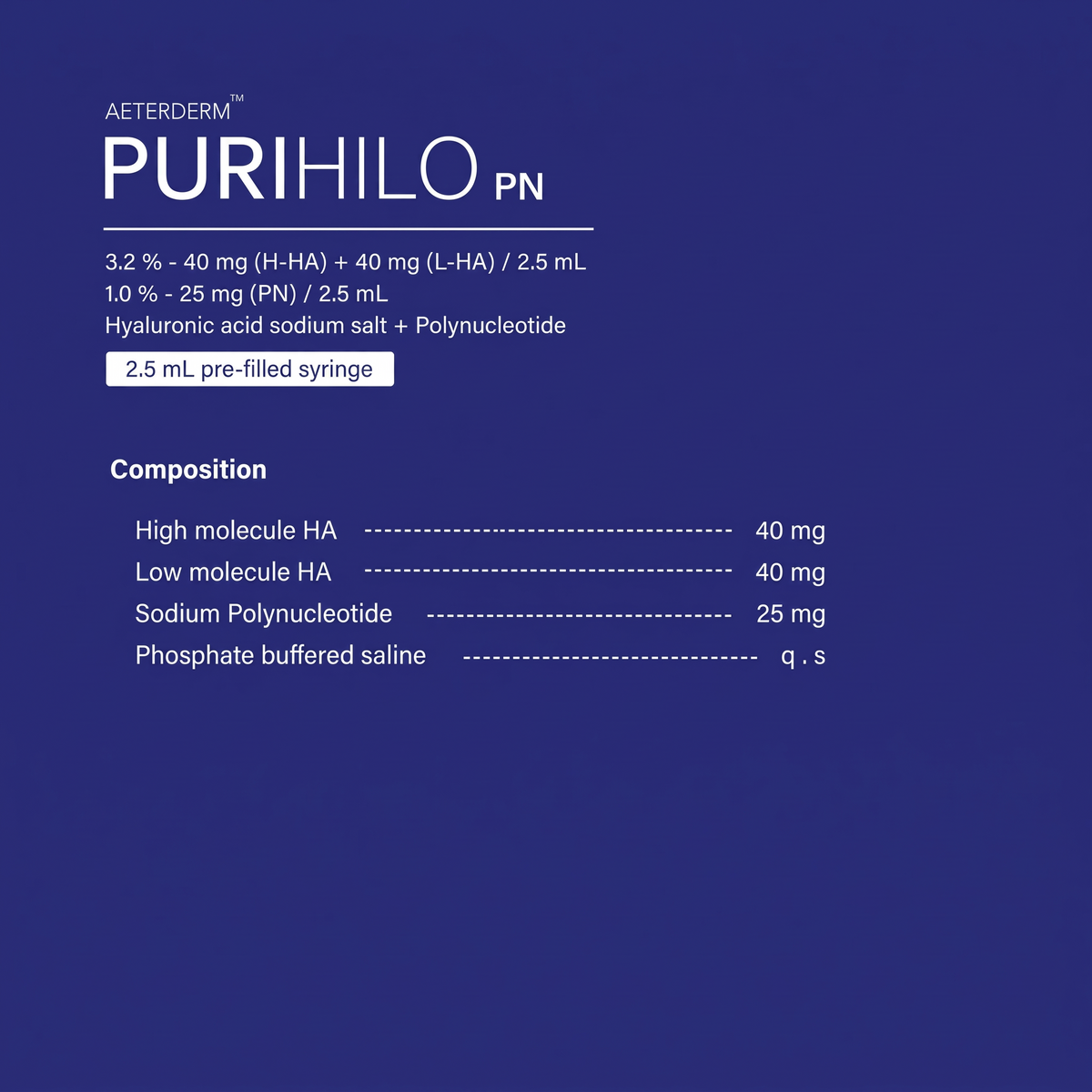 DIY Skincare Lab™ PURIHILO PN product label detailing 2.5ml hyaluronic acid and polynucleotide composition.