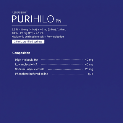 DIY Skincare Lab™ PURIHILO PN product label detailing 2.5ml hyaluronic acid and polynucleotide composition.