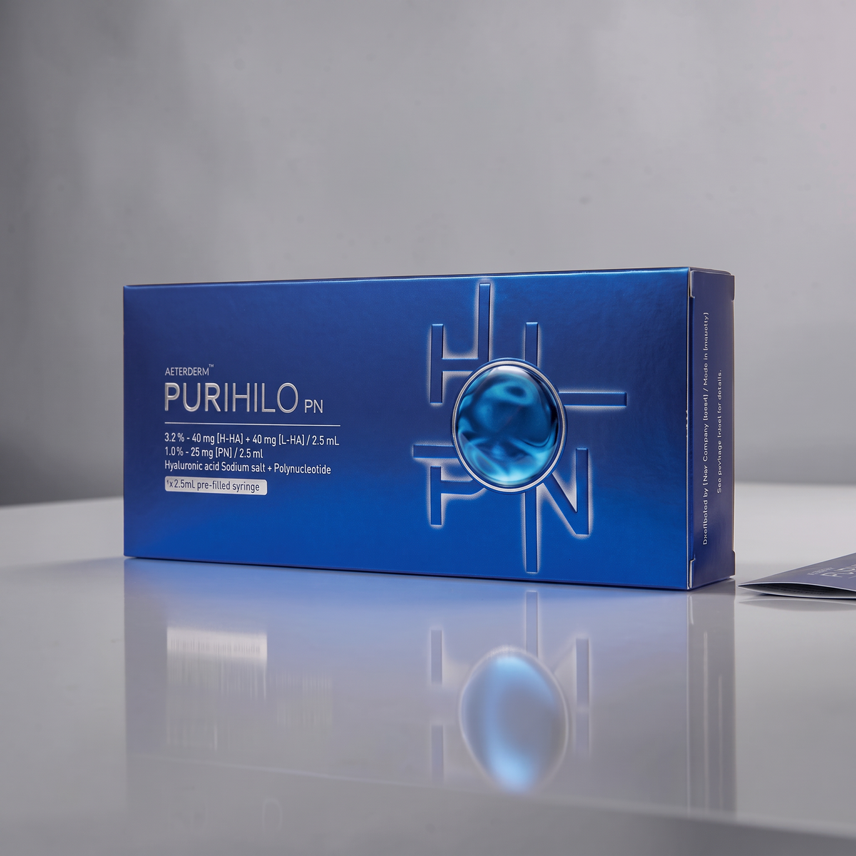 DIY Skincare Lab™ PURIHILO PN skin rejuvenation box in metallic blue with hyaluronic acid and polynucleotide details.