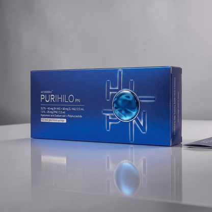 DIY Skincare Lab™ PURIHILO PN skin rejuvenation box in metallic blue with hyaluronic acid and polynucleotide details.