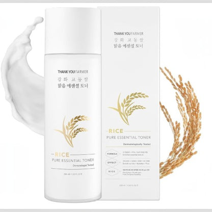 DIY Skincare Lab™ Thank You Farmer Rice Pure Essential Toner bottle and box with rice stalks and milky splash