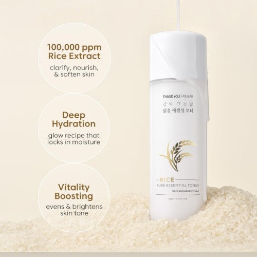 DIY Skincare Lab™ Thank You Farmer Rice Pure Essential Toner bottle surrounded by rice grains for deep hydration.