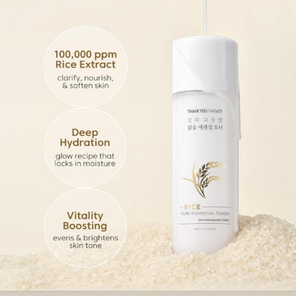 DIY Skincare Lab™ Thank You Farmer Rice Pure Essential Toner bottle surrounded by rice grains for deep hydration.
