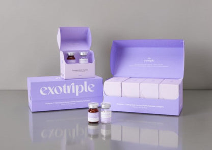 DIY Skincare Lab™ Riola Exotriple revitalizing system with purple boxes and glass vials for skin rejuvenation.