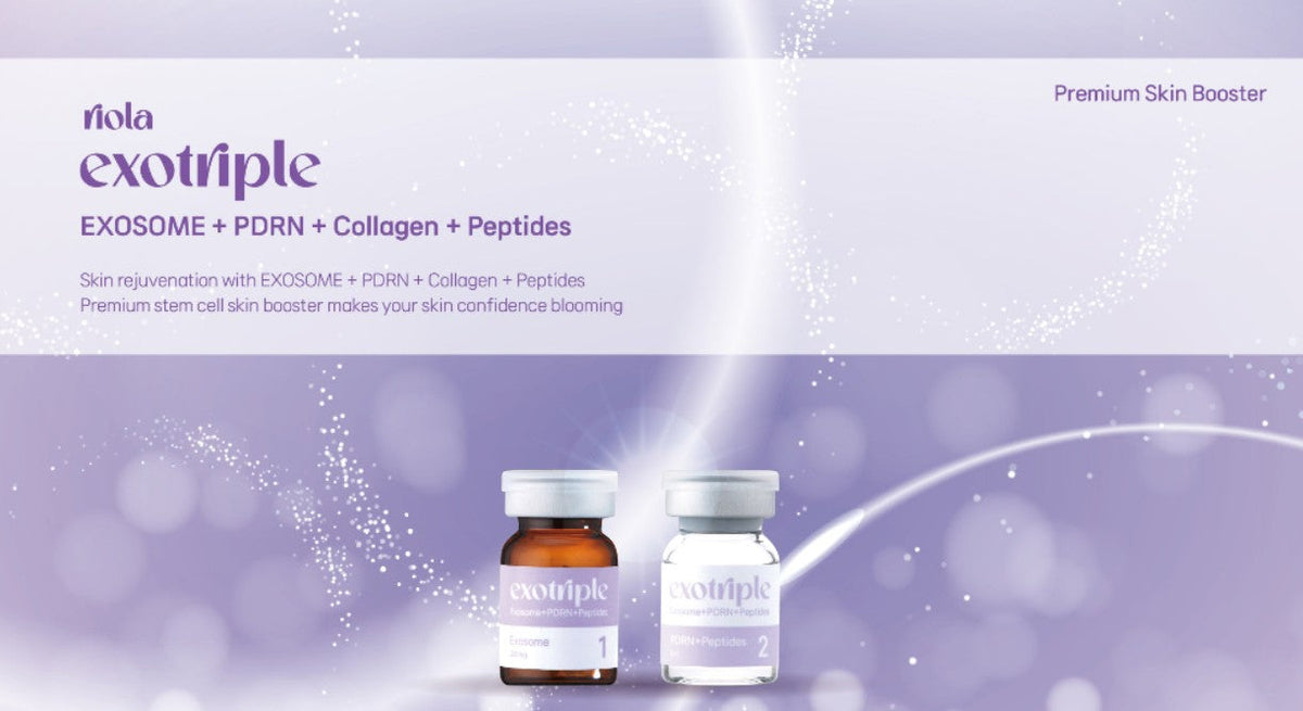 DIY Skincare Lab™ Riola Exotriple skin booster set with exosome powder and PDRN collagen solvent vials in purple light