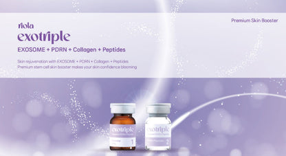 DIY Skincare Lab™ Riola Exotriple skin booster set with exosome powder and PDRN collagen solvent vials in purple light