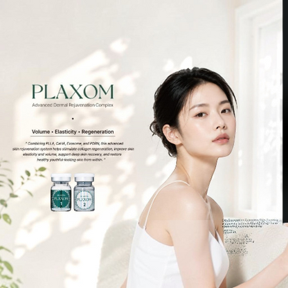 DIY Skincare Lab™ Selastin Plaxom dermal rejuvenation complex with two vials and a woman with radiant skin.