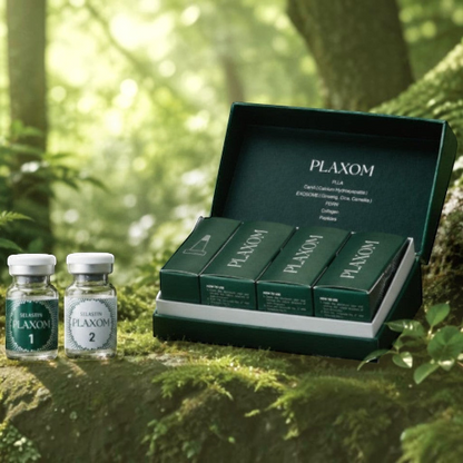 DIY Skincare Lab™ Selastin Plaxom dermal rejuvenation set with two glass vials and a green presentation box in a forest.