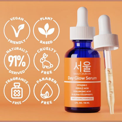 DIY Skincare Lab™ SeoulCeuticals Day Glow Serum bottle with dropper, featuring Vitamin C and anti-aging benefits.