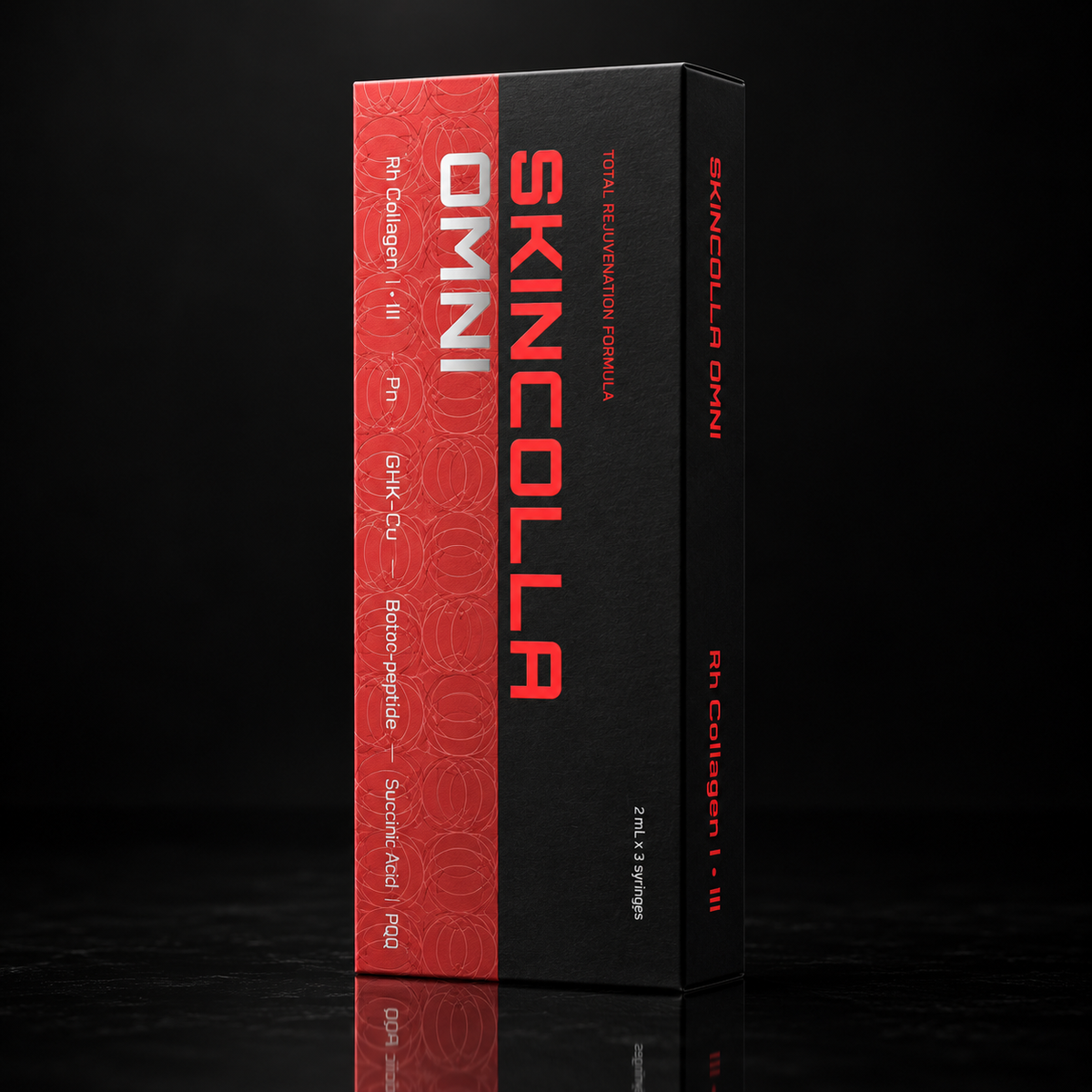 DIY Skincare Lab™ SKINCOLLA OMNI bio-revitalizing complex box in black and red packaging for skin rejuvenation.