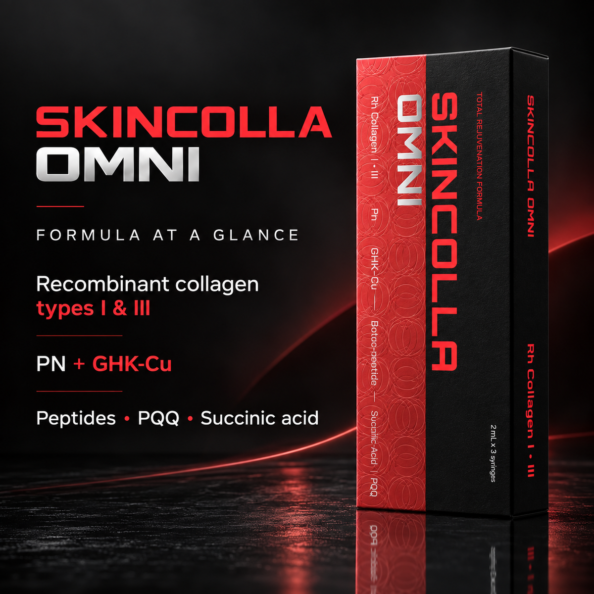 DIY Skincare Lab SKINCOLLA OMNI bio-revitalizing complex box featuring collagen, peptides, and PQQ ingredients.