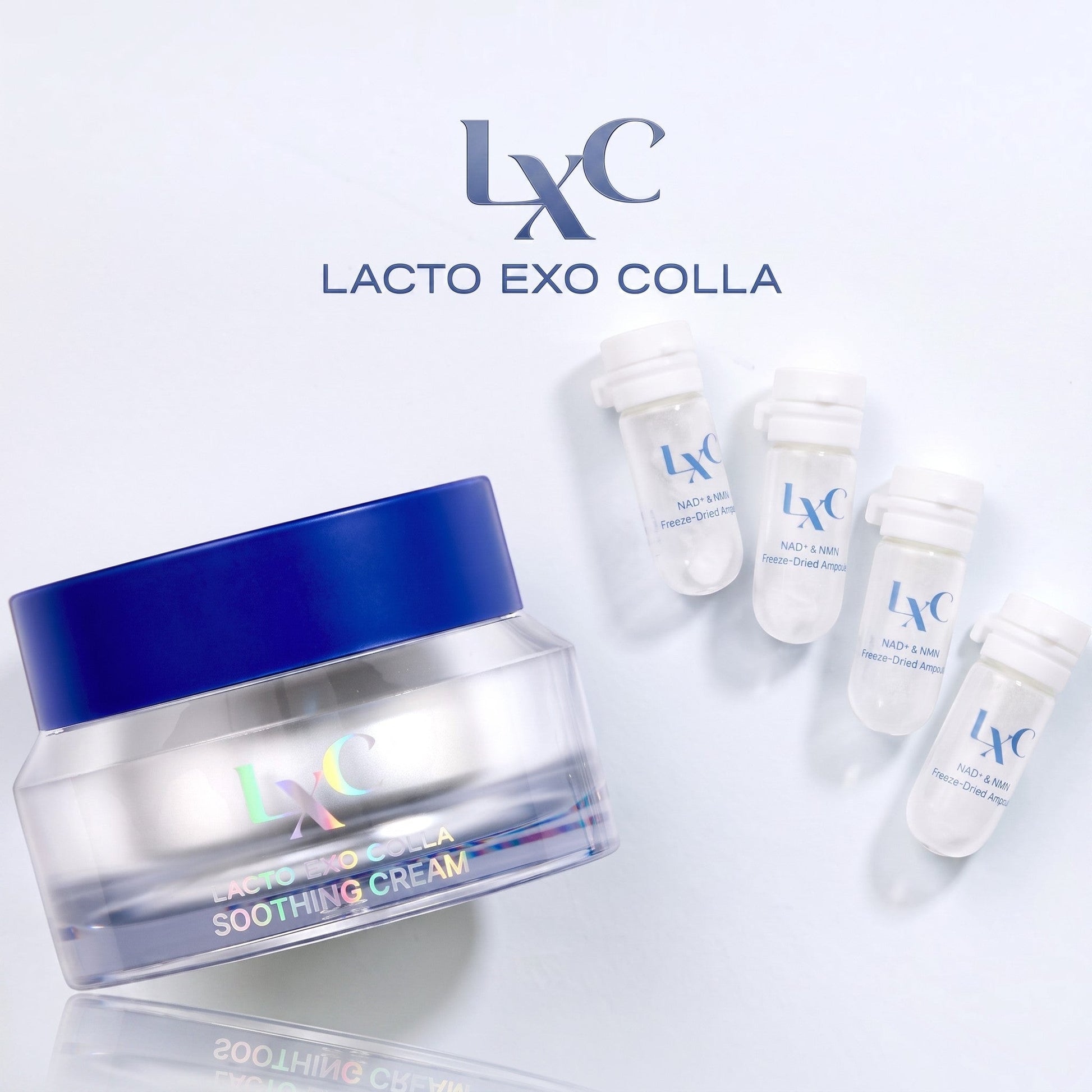 DIY Skincare Lab LXC Lacto Exo Colla Soothing Cream jar and four NAD+ and NMN freeze-dried powder ampoules.