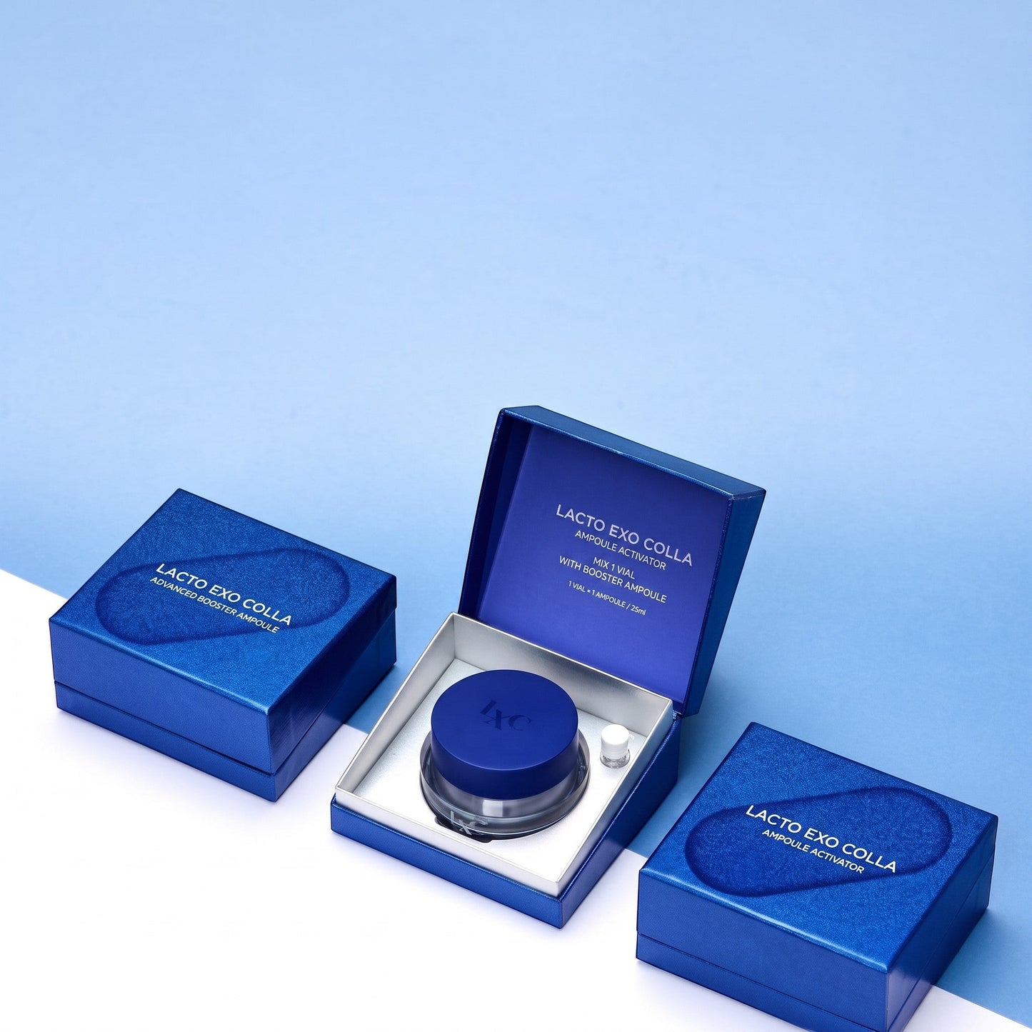 DIY Skincare Lab™ LXC Lacto Exo Colla Soothing Cream kit with blue packaging, cream jar, and mixing ampoule.