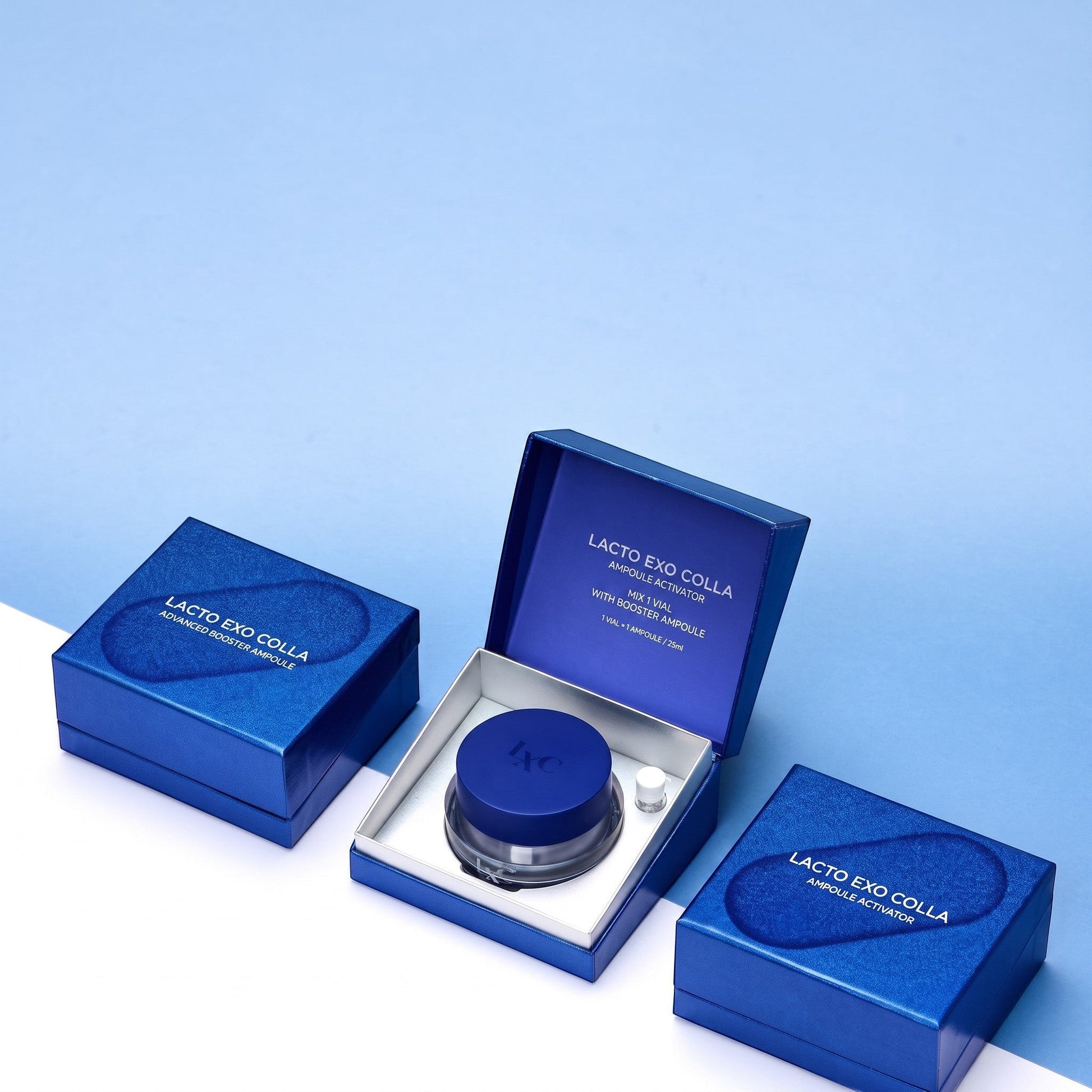 DIY Skincare Lab™ LXC Lacto Exo Colla Soothing Cream kit with blue packaging, cream jar, and mixing ampoule.