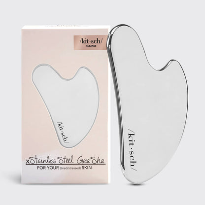 DIY Skincare Lab™ Kitsch stainless steel gua sha tool for facial massage and lymphatic drainage next to its box.