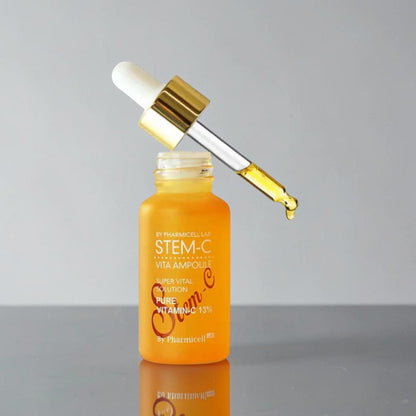 DIY Skincare Lab™ By Pharmicell Lab Stem-C Vita Ampoule with a glass dropper, featuring a 13% Vitamin C serum.