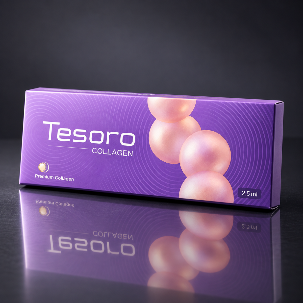 DIY Skincare Lab™ Tesoro Collagen conditioning booster box in purple packaging with pearl accents on a reflective surface