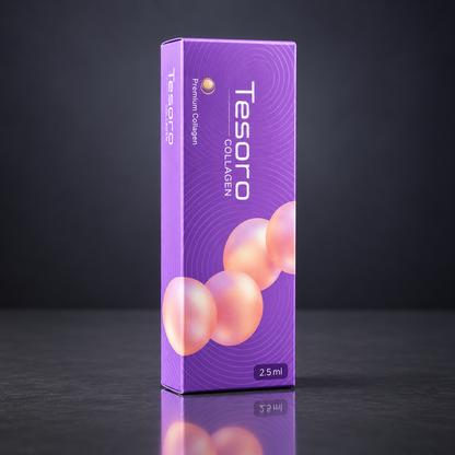 DIY Skincare Lab™ Tesoro Collagen conditioning booster box in purple packaging with pearl graphics on a dark surface.