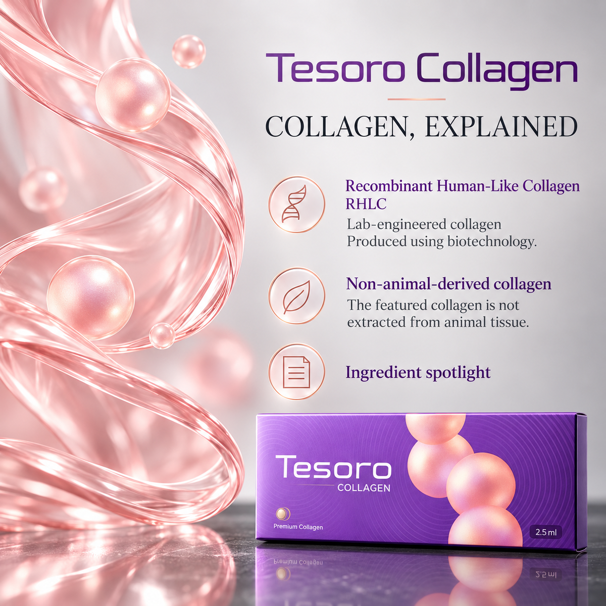 DIY Skincare Lab™ Tesoro Collagen booster box with abstract pink liquid spheres and ingredient information graphic.