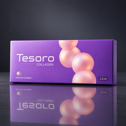 DIY Skincare Lab™ Tesoro Collagen conditioning booster box in purple packaging with pearl spheres on a reflective surface
