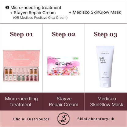 DIY Skincare Lab™ treatment guide showing micro-needling kit, Stayve Repair Cream, and Medisco Skin Glow Mask steps.