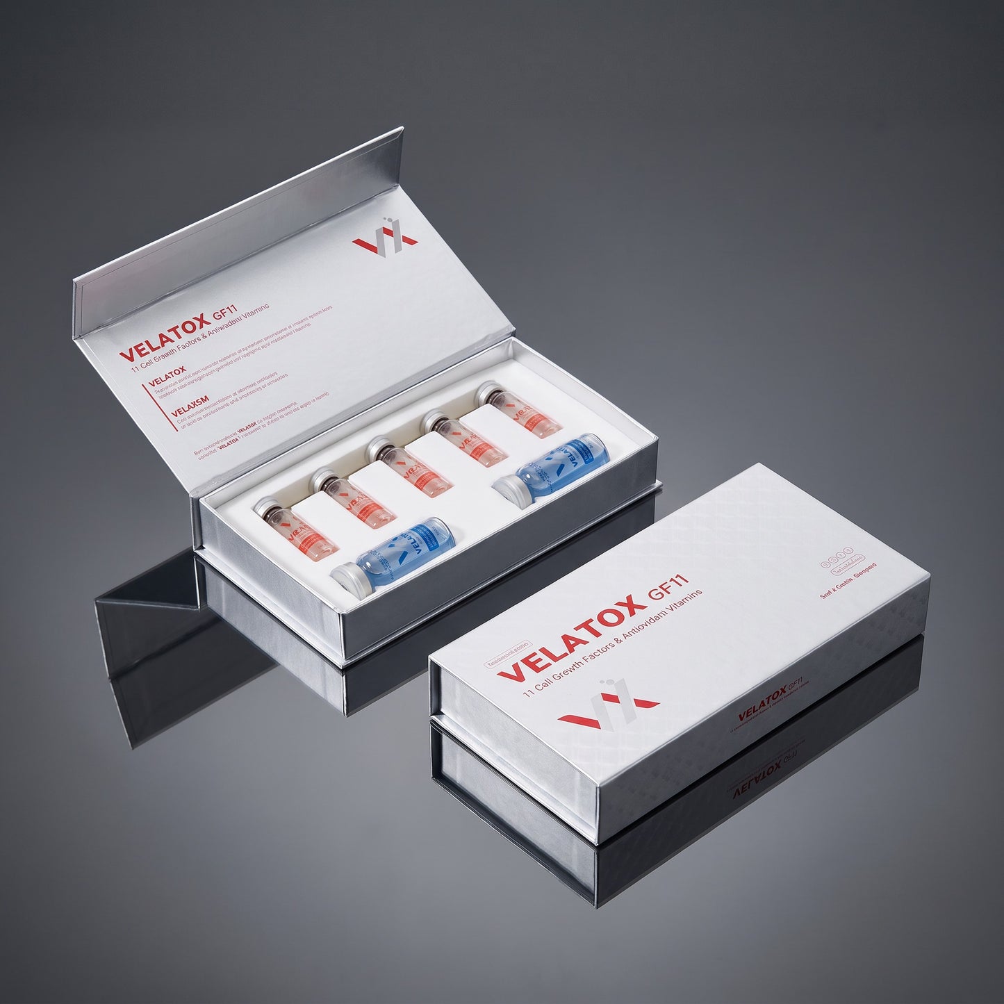 DIY Skincare Lab™ Velatox GF11 skin revitalizing kit featuring multiple cosmetic vials in a professional presentation box.