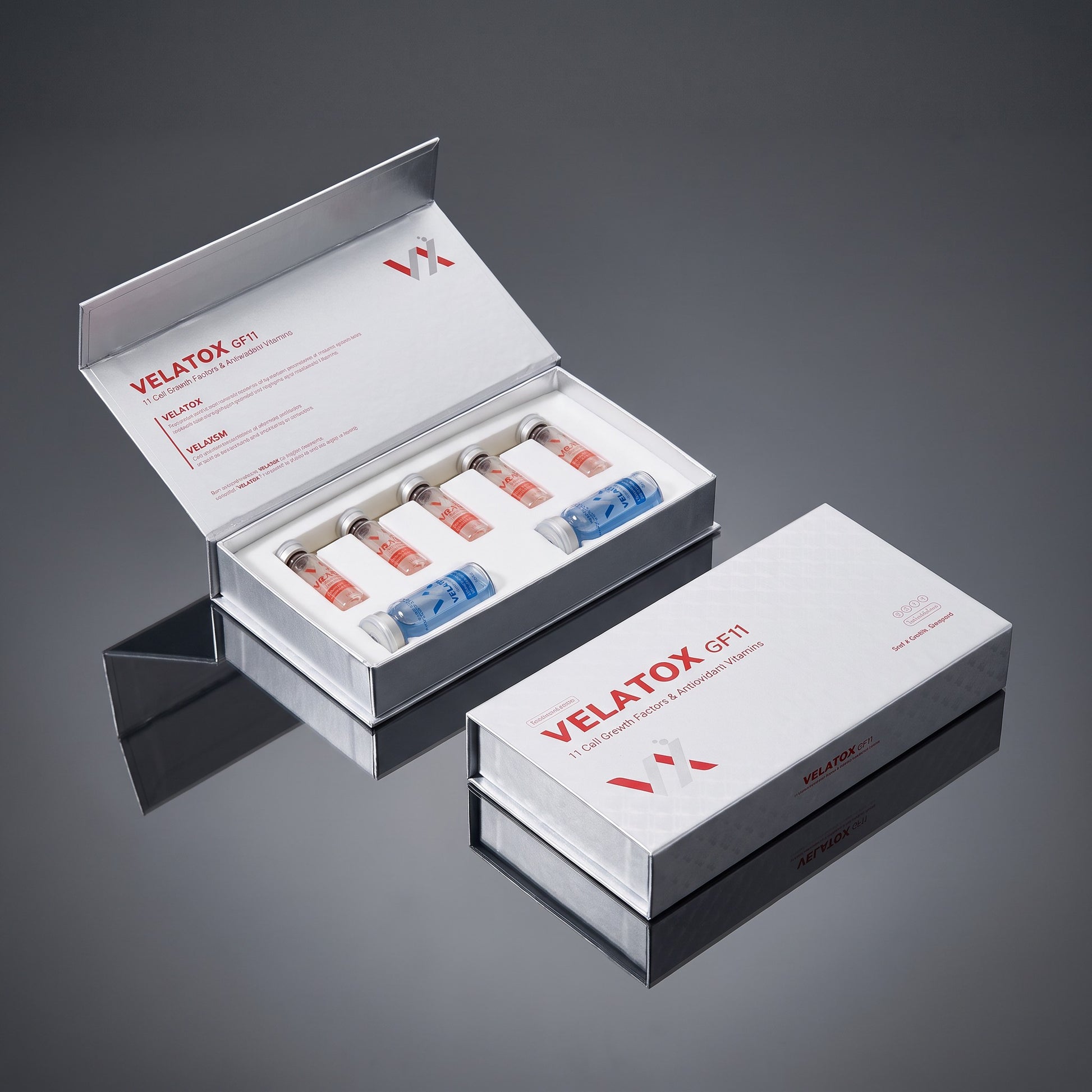 DIY Skincare Lab™ Velatox GF11 skin revitalizing kit featuring multiple cosmetic vials in a professional presentation box.