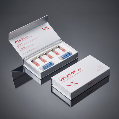 DIY Skincare Lab™ Velatox GF11 skin revitalizing kit featuring multiple cosmetic vials in a professional presentation box.