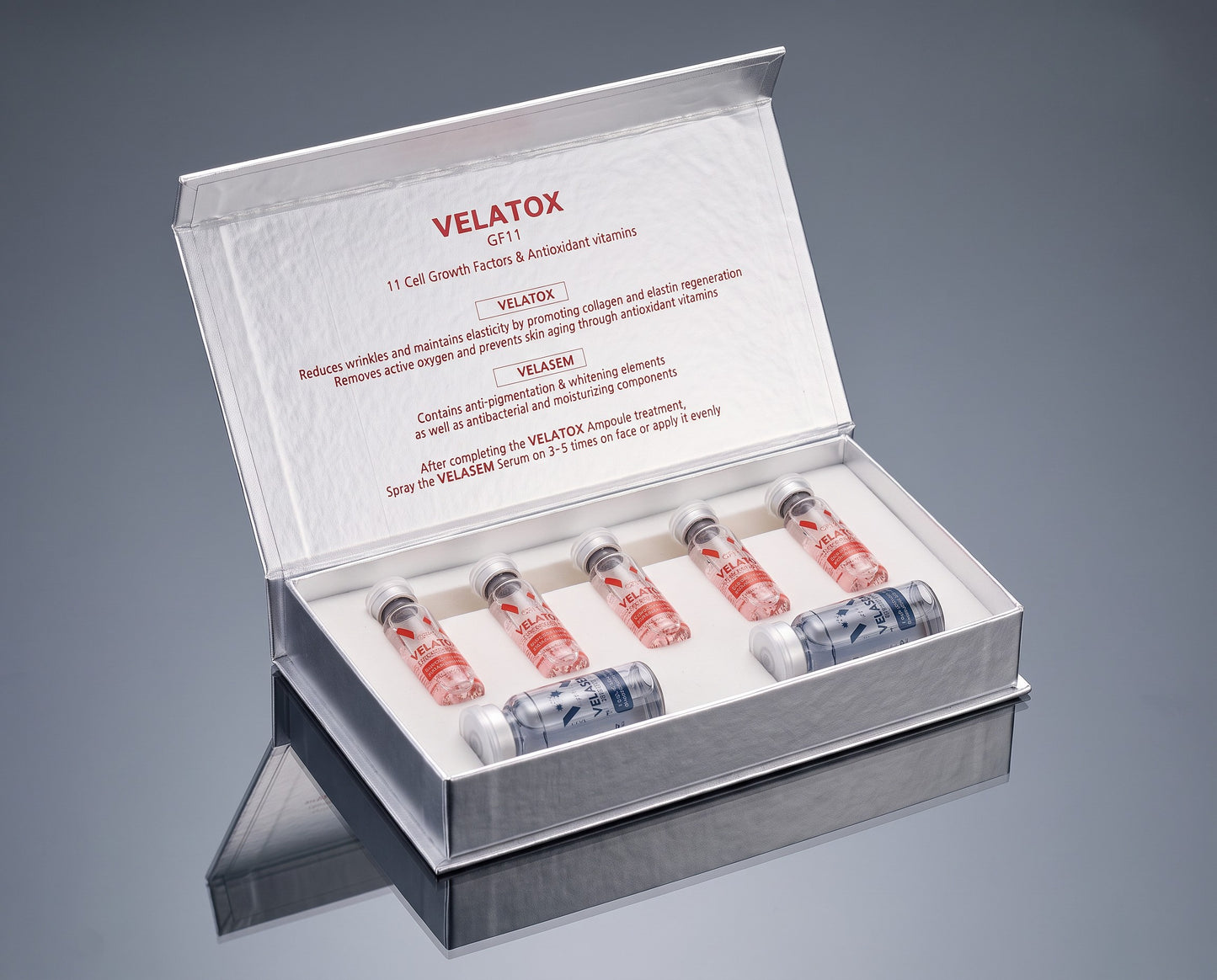 DIY Skincare Lab™ Velatox GF11 skin revitalizing kit featuring five pink ampoules and two blue serum vials in a box.