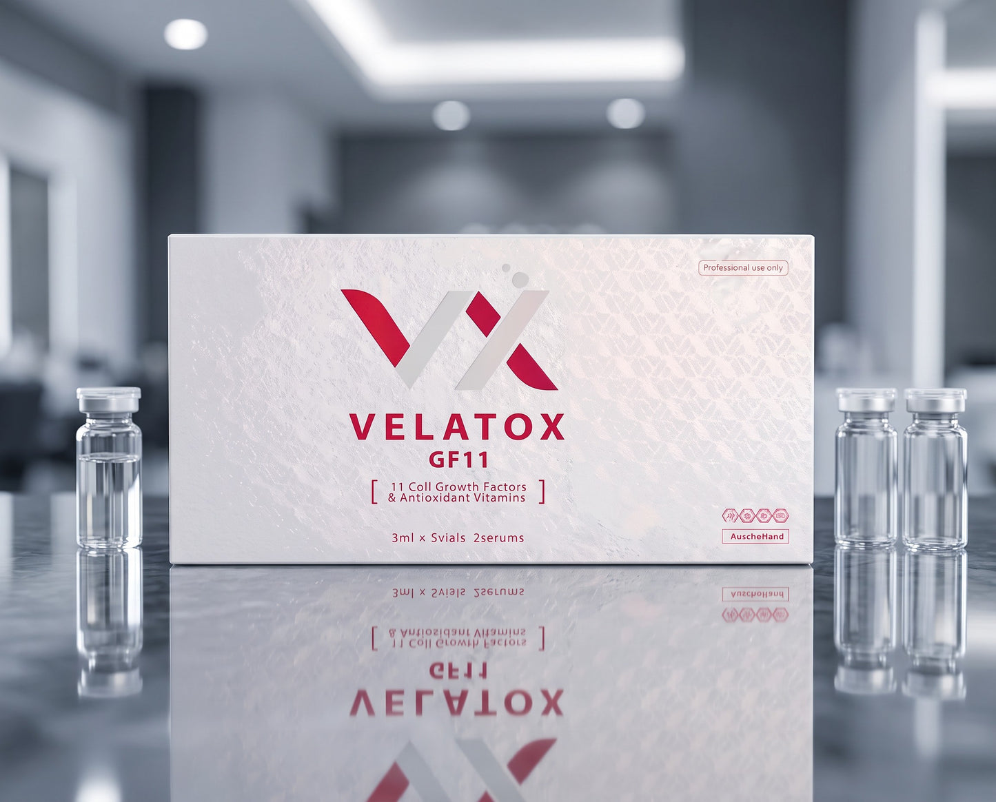DIY Skincare Lab™ Velatox GF11 skin revitalizing kit with vials and serum in a professional clinical setting.