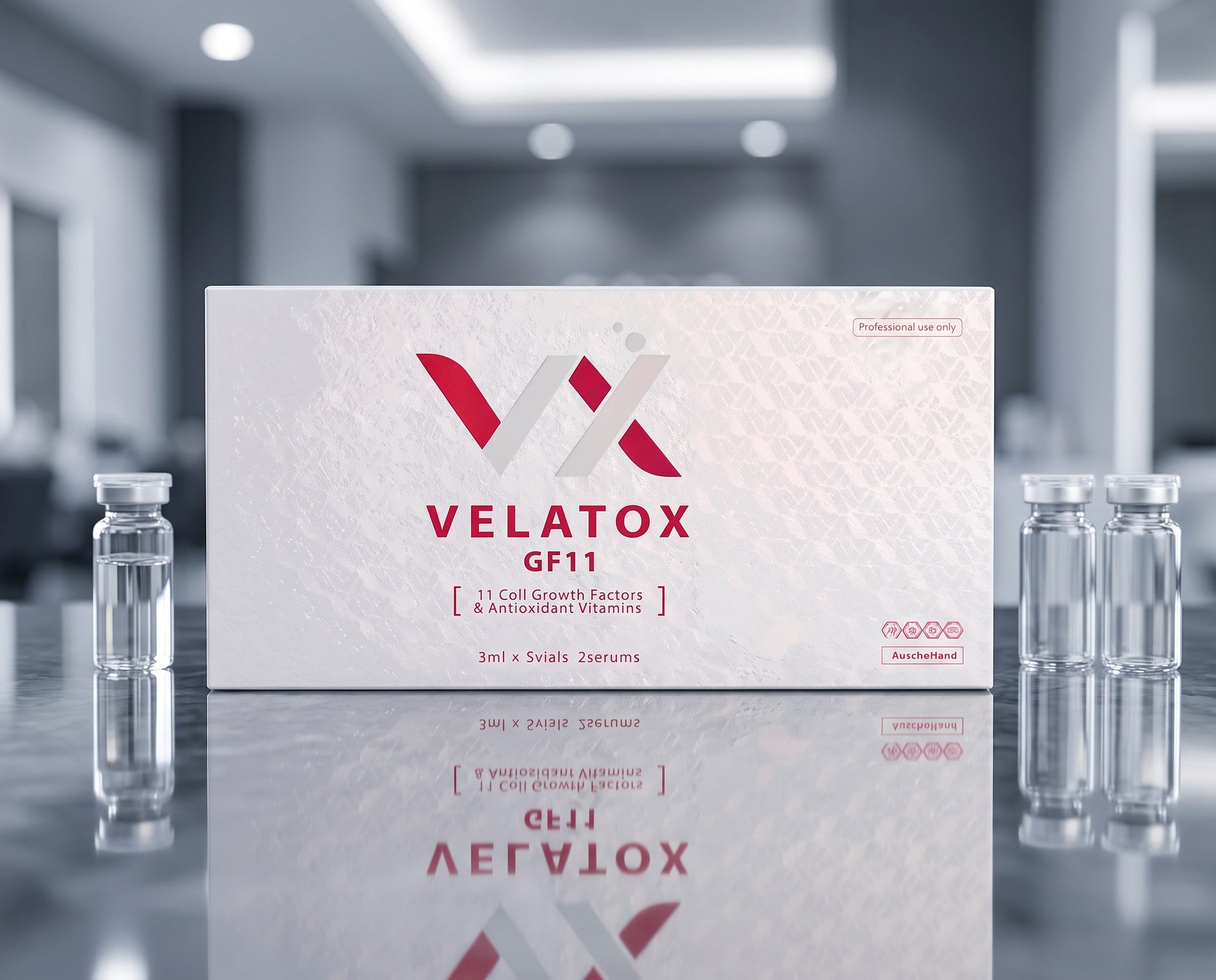 DIY Skincare Lab™ Velatox GF11 skin revitalizing kit with vials and serum in a professional clinical setting.